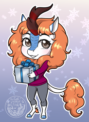 Size: 2249x3073 | Tagged: safe, artist:askbubblelee, oc, oc only, oc:jeanne geld, anthro, kirin, unguligrade anthro, anthro oc, chibi, christmas, christmas 2024, clothes, cute, digital art, female, hearth's warming eve, hearth's warming eve 2024, holiday, kirin oc, leonine tail, mare, ocbetes, pants, present, smiling, solo, sweater, tail