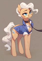 Size: 1280x1874 | Tagged: safe, ai content, machine learning generated, mayor mare, earth pony, pony, beige background, clothes, collar, cute, female, glasses, leash, mare, pet, pony pet, prompter:stoneificaunt, simple background, smiling, solo