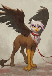 Size: 1744x2552 | Tagged: safe, ai content, machine learning generated, gilda, griffon, chest fluff, collar, cute, female, gilda is not amused, gildadorable, griffon pet, leash, pet, prompter:stoneificaunt, solo, spread wings