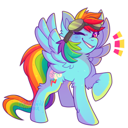 Size: 3000x3000 | Tagged: safe, artist:fawnshy, derpibooru import, rainbow dash, pegasus, pony, g4, female, fluffy, goggles, goggles on head, high res, looking at you, looking down, mare, one eye closed, raised hoof, raised leg, simple background, smiling, smiling at you, solo, spread wings, transparent background, white background, wings, wink, winking at you