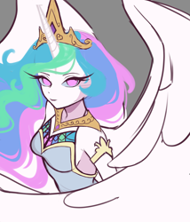 Size: 5000x5834 | Tagged: safe, artist:pandadrawss, derpibooru import, princess celestia, human, g4, absurd resolution, alicorn humanization, breasts, horn, horned humanization, humanized, large wings, looking at you, no pupils, pony coloring, solo, winged humanization, wings, wip