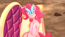 Size: 2524x1440 | Tagged: safe, artist:dd-mlp, derpibooru import, pinkie pie, butterfly, earth pony, pony, g4, too many pinkie pies, butterfly on nose, cute, diapinkes, fainting couch, female, insect on nose, lying down, mare, my little pony: friendship is magic, on back, scene interpretation, smiling, solo