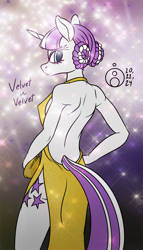 Size: 688x1200 | Tagged: safe, artist:sepiakeys, derpibooru import, twilight velvet, anthro, unicorn, g4, backless, clothes, colored, dress, female, horn, side slit, solo