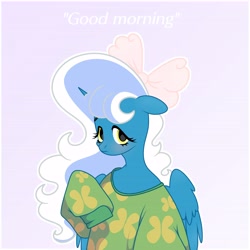 Size: 6890x6890 | Tagged: safe, artist:riofluttershy, derpibooru import, oc, oc only, oc:fleurbelle, alicorn, pony, alicorn oc, blushing, bow, clothes, female, golden eyes, gradient background, hair bow, horn, mare, pajamas, pink bow, sleepy, solo, text, two toned hair, two toned mane, wings