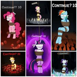 Size: 1080x1080 | Tagged: safe, ai content, derpibooru import, machine learning generated, applejack, fluttershy, pinkie pie, rainbow dash, rarity, twilight sparkle, alicorn, earth pony, pegasus, semi-anthro, unicorn, bondage, bound and gagged, continue, continue screen, female, gag, hanging, horn, imminent death, mane six, mare, peril, prompter:smbssfan, this will end in death, this will end in tears, this will end in tears and/or death, tied up