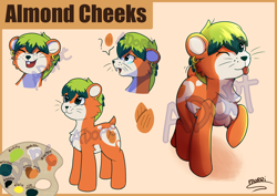 Size: 4960x3508 | Tagged: safe, artist:morrigun, derpibooru import, oc, oc only, oc:almond cheeks, pony, adoptable, bucktooth, closed mouth, description is relevant, eyes closed, eyes open, green mane, hamster ears, hamster pony, laughing, looking at you, nuts, one eye closed, open mouth, orange coat, palette, reference sheet, sad, signature, standing, text, tongue, tongue out, watermark, whiskers, wink, winking at you