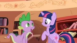 Size: 2273x1284 | Tagged: safe, derpibooru import, edit, edited screencap, screencap, spike, twilight sparkle, unicorn twilight, dragon, pony, unicorn, g4, secret of my excess, book, cropped, duo, female, golden oaks library, greed spike, horn, indoors, male, mare, my little pony: friendship is magic, standing, tongue, tongue out