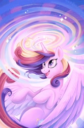 Size: 1686x2560 | Tagged: safe, artist:natalie haines, derpibooru import, idw, princess cadance, alicorn, pony, g4, comic cover, cover, cover art, female, horn, magic, mare, my little pony: rise of cadance, official, official comic, open mouth, open smile, smiling, solo, sparkles, wings