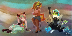 Size: 989x502 | Tagged: safe, artist:tiothebeetle, derpibooru import, oc, oc:fluffy (the griffon), oc:note worthy, anthro, griffon, unicorn, alcohol, anthro oc, barstool, beans, chair, clothes, denim, denim shorts, dress, drink, flower, flower in hair, food, grass, griffon oc, horn, pants, paw pads, paws, pride, pride flag, relaxing, resting, shirt, shorts, sitting, stool, stretching, toe beans, transgender, transgender oc, transgender pride flag, underpaw, waving, waving at you