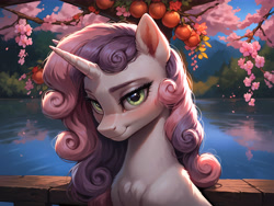 Size: 8192x6144 | Tagged: safe, ai content, derpibooru import, machine learning generated, sweetie belle, pony, unicorn, g4, 4k, absurd resolution, bedroom eyes, chest fluff, female, fluffy, forest, fur, glowing, glowing eyes, horn, lake, looking at you, mare, mountain, nature, outdoors, prompter:molagbal, seductive, seductive look, smiling, smiling at you, solo, tree, water