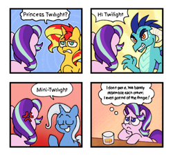 Size: 620x561 | Tagged: safe, artist:driftwoodpony, derpibooru import, princess ember, starlight glimmer, sunset shimmer, trixie, dragon, pony, unicorn, g4, comic, cross-popping veins, dialogue, dragoness, drink, emanata, female, glass, horn, implied twilight sparkle, mare, speech bubble, thought bubble