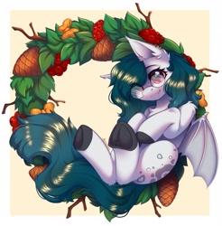 Size: 2013x2048 | Tagged: safe, artist:alphadesu, derpibooru import, oc, oc only, bat pony, pony, bat pony oc, border, bow, christmas wreath, cranberry, female, frog (hoof), glasses, looking at you, mare, pinecone, round glasses, smiling, smiling at you, solo, underhoof, wreath, ych example, your character here