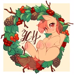 Size: 2013x2048 | Tagged: safe, artist:alphadesu, derpibooru import, oc, oc only, earth pony, pony, blushing, border, bow, christmas wreath, commission, cranberry, ear blush, female, frog (hoof), hoof blush, looking at you, lying down, mare, on back, pinecone, simple background, smiling, smiling at you, underhoof, wreath, yellow background, your character here