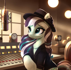 Size: 1829x1800 | Tagged: safe, artist:darksly, derpibooru import, coloratura, earth pony, pony, equestria at war mod, g4, commission, female, hat, jewelry, mare, microphone, necklace, pearl necklace, rara, recording studio, solo