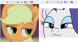 Size: 796x437 | Tagged: safe, artist:k. dale, artist:vomitvomiting, derpibooru import, applejack, rarity, :3, close-up, derpibooru, female, juxtaposition, lesbian, looking at each other, looking at someone, meta, rarijack, shipping, smug