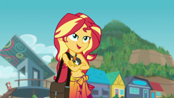 Size: 1920x1080 | Tagged: safe, derpibooru import, screencap, sunset shimmer, human, equestria girls, forgotten friendship, g4, bag, bare shoulders, beach, belly, belly button, bikini, clothes, crossed arms, equestria girls specials, female, geode of empathy, handbag, magical geodes, midriff, sarong, sleeveless, solo, sunset shimmer's beach shorts swimsuit, swimsuit