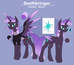 Size: 3592x3157 | Tagged: safe, artist:moonatik, derpibooru import, oc, oc only, oc:deathbringer, alicorn, pony, alicorn oc, armor, commission, commissioner:pyretheskywing, cutie mark, female, horn, magical lesbian spawn, mare, offspring, parent:nightmare moon, parent:twilight sparkle, parents:twimoon, reference sheet, slender, slit eyes, thin, wings