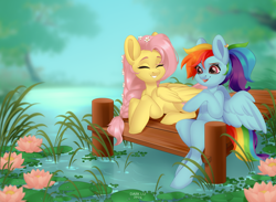 Size: 3416x2500 | Tagged: safe, artist:dark_lu, derpibooru import, fluttershy, rainbow dash, pegasus, pony, duo, duo female, eyes closed, female, flower, flower in hair, grin, high res, lilypad, lying down, mare, outdoors, pier, pond, prone, sitting, smiling, water