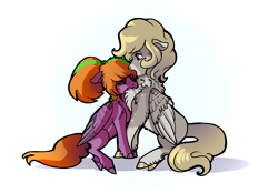 Size: 3300x2300 | Tagged: safe, artist:mylittlegodzilla, derpibooru exclusive, derpibooru import, oc, oc only, oc:beatrice creux, oc:gray bird, pegasus, pony, blushing, chest fluff, cuddling, duo, female, male, ship:graycreux, shipping, simple background, sitting, straight, white background