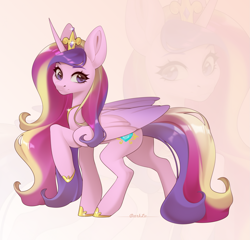 Size: 1959x1881 | Tagged: safe, artist:dark_lu, derpibooru import, princess cadance, alicorn, pony, g4, colored wings, crown, female, folded wings, gradient wings, hoof shoes, horn, jewelry, mare, peytral, princess shoes, raised hoof, raised leg, regalia, side view, solo, tail, three toned mane, three toned tail, two toned wings, wings