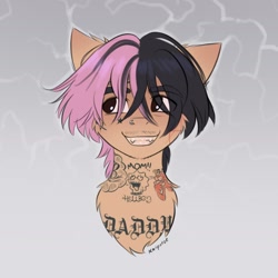 Size: 1608x1608 | Tagged: safe, artist:katputze, derpibooru import, earth pony, pony, bust, face tattoo, gradient background, grin, lil peep, male, nose piercing, nose ring, piercing, ponified, smiling, solo, species swap, stallion, tattoo