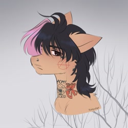 Size: 1505x1505 | Tagged: safe, artist:katputze, derpibooru import, earth pony, pony, bust, cheek fluff, ears, face tattoo, floppy ears, gradient background, lil peep, male, nose piercing, nose ring, piercing, ponified, profile, solo, species swap, stallion, tattoo