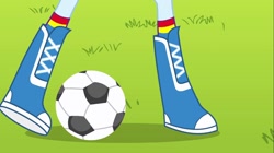 Size: 1100x618 | Tagged: safe, derpibooru import, screencap, rainbow dash, equestria girls, g4, boots, boots shot, clothes, field, football, kicking, legs, my little pony equestria girls, pictures of legs, rainbow socks, shoes, soccer field, socks, sports, striped socks