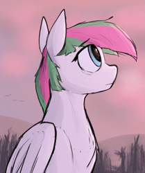 Size: 949x1133 | Tagged: safe, artist:candel, derpibooru import, blossomforth, pegasus, pony, g4, cloud, cloudy, female, mare, solo, sunrise