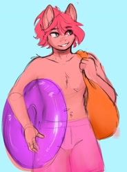 Size: 1500x2036 | Tagged: safe, artist:cherubisous, derpibooru import, oc, oc only, anthro, unicorn, clothes, eyebrows, eyebrows visible through hair, grin, horn, inner tube, light blue background, male, pool toy, simple background, smiling, solo, stallion, swimming trunks, swimsuit