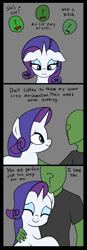 Size: 699x2000 | Tagged: safe, artist:vomitvomiting, derpibooru import, rarity, oc, oc:anon, human, pony, unicorn, 3 panel comic, comforting, comic, crying, gray background, horn, hug, insult, simple background, vulgar