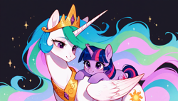 Size: 1920x1088 | Tagged: safe, ai content, derpibooru import, machine learning generated, princess celestia, twilight sparkle, unicorn twilight, alicorn, pony, unicorn, g4, blush lines, blushing, cute, cutelestia, daaaaaaaaaaaw, duo, female, filly, filly twilight sparkle, foal, folded wings, generator:tponynai3, horn, long horn, looking at someone, momlestia, motherly, ponies riding ponies, prompter:truekry, riding, riding a pony, simple background, smiling, smiling at someone, sparkles, twiabetes, twilight riding celestia, wallpaper, wings, younger