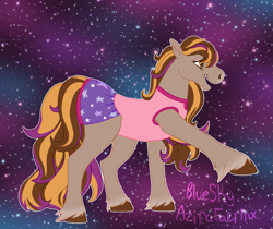 Size: 1363x1144 | Tagged: safe, artist:azira faerinx, derpibooru import, horse, brown coat, brown mane, canon, clothes, colored hooves, dreamer (wild manes), dress, female, galaxy, hoof fluff, hooves, leg out, mare, multicolored hair, multicolored mane, natural coat color, open mouth, open smile, pose, purple mane, quadrupedal, raised hoof, raised leg, smiling, solo, space, sparkles, stars, wild manes