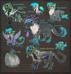 Size: 1700x1773 | Tagged: safe, artist:tiothebeetle, derpibooru import, oc, oc only, oc:fluffy (the griffon), bird, chicken, dragon, griffon, hybrid, original species, pony, :p, ^^, beans, black scales, blue hair, blue horns, blue tongue, claws, colorful, commission, cute, design, dragoness, eyes closed, eyeshadow, felkin, female, flower, flower in hair, folded wings, food, gray coat, gray fur, grin, halo, happy, horn, horn ring, horns, jewelry, makeup, neon, paw pads, paws, pink eyes, pointy ponies, puppy dog eyes, quadrupedal, reference sheet, ring, scales, slit eyes, smiling, smug, solo, teeth, text, toe beans, tongue, tongue out, toothy grin, transgender oc, underpaw, white fur, wings