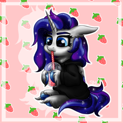 Size: 2000x2000 | Tagged: safe, artist:sunamoonmlp, derpibooru exclusive, derpibooru import, oc, oc only, oc:sunamoon, alicorn, pony, g4, bubble tea, clothes, cute, drink, drinking, female, food, hoodie, horn, mare, sitting, stars, strawberry, wings