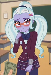 Size: 832x1216 | Tagged: safe, ai content, derpibooru import, machine learning generated, sugarcoat, human, equestria girls, friendship games, g4, blushing, classroom, clothes, crystal prep academy uniform, female, female focus, glasses, indoors, long sleeves, looking at you, male, money, offscreen character, pigtails, pov, prompter:nw th, school uniform, solo, solo focus, twintails