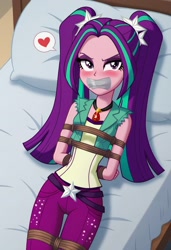 Size: 832x1216 | Tagged: safe, ai content, derpibooru import, machine learning generated, aria blaze, human, equestria girls, g4, bdsm, bed, blushing, bondage, bound and gagged, gag, heart, looking at you, lying down, pigtails, pillow, prompter:nw th, rope, rope bondage, solo, tape, tape gag, twintails