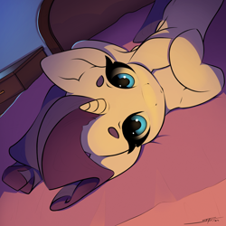 Size: 3000x3000 | Tagged: safe, artist:skitsroom, derpibooru import, rarity, pony, unicorn, beanbrows, bed, eyebrows, horn, looking at you, lying down, on back, on bed, solo, spread legs, spreading