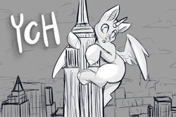 Size: 2351x1567 | Tagged: safe, artist:elinetic, derpibooru import, alicorn, pony, any gender, any race, auction, black and white, building, city, cityscape, commission closed, empire state building, giant alicorn, grayscale, king kong, looking down, macro, monochrome, open mouth, signature, sky, skyscraper, solo, spread wings, unshorn fetlocks, watermark, wings, ych example, your character here