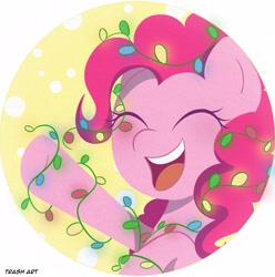 Size: 2028x2048 | Tagged: safe, artist:eltrash_art6, derpibooru import, pinkie pie, earth pony, pony, g4, blushing, christmas, christmas lights, clothes, cute, diapinkes, eyes closed, female, holiday, icon, mare, open mouth, open smile, smiling, snow, solo, winter outfit