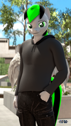 Size: 1080x1920 | Tagged: safe, artist:anthroponiessfm, derpibooru import, oc, oc:nighty, anthro, pegasus, 3d, anthro oc, clothes, cute, hoodie, looking at you, male, pants, pegasus oc, source filmmaker