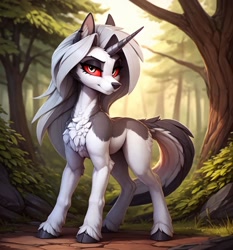 Size: 896x960 | Tagged: safe, ai content, derpibooru import, machine learning generated, dog, hellhound, pony, unicorn, fantasy, forest, helluva boss, horn, loona (helluva boss), nature, ponified, species swap, tree