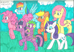 Size: 1280x906 | Tagged: safe, artist:cmara, derpibooru import, applejack, fluttershy, pinkie pie, rainbow dash, rarity, spike, twilight sparkle, twilight sparkle (alicorn), alicorn, dragon, pegasus, unicorn, g4, female, horn, male, mane seven, mane six, stroll