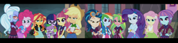 Size: 6678x1640 | Tagged: safe, derpibooru import, screencap, applejack, fluttershy, indigo zap, lemon zest, pinkie pie, rainbow dash, rarity, sci-twi, sour sweet, spike, spike the regular dog, sugarcoat, sunny flare, sunset shimmer, twilight sparkle, dog, human, equestria girls, friendship games, g4, belt, boots, clothes, cowboy boots, cowboy hat, hat, high heel boots, humane five, humane seven, humane six, jacket, letterboxing, panorama, polka dot socks, rainbow socks, shadow five, shirt, shoes, skirt, socks, striped socks, vest