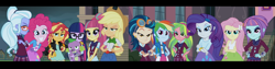 Size: 6557x1640 | Tagged: safe, derpibooru import, screencap, applejack, fluttershy, indigo zap, lemon zest, pinkie pie, rainbow dash, rarity, sci-twi, sour sweet, spike, spike the regular dog, sugarcoat, sunny flare, sunset shimmer, twilight sparkle, dog, human, equestria girls, friendship games, g4, belt, boots, clothes, cowboy boots, cowboy hat, hat, high heel boots, humane five, humane seven, humane six, jacket, letterboxing, panorama, polka dot socks, rainbow socks, shadow five, shirt, shoes, skirt, socks, striped socks, vest