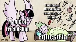 Size: 1200x675 | Tagged: safe, artist:pony-berserker, derpibooru import, spike, twilight sparkle, twilight sparkle (alicorn), alicorn, pony-berserker's twitter sketches, bed, bomb, dynamite, explosives, eyes closed, grenade, knife, meme, parody, ponified, ponified meme, pony-berserker's twitter sketches (2024), protecting, sleeping, weapon