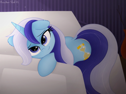 Size: 4032x3011 | Tagged: safe, artist:rainbowšpekgs, derpibooru import, minuette, pony, unicorn, g4, armchair, chair, dock, female, horn, lidded eyes, looking at you, lying down, sleepy, smiling, solo, tail, vase