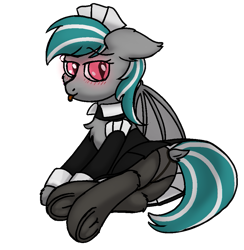 Size: 951x975 | Tagged: safe, artist:frilanka, derpibooru import, oc, oc only, oc:malachite cluster, bat pony, pony, bat wings, bedroom eyes, blushing, butt, chest fluff, clothes, dock, ear fluff, ears, femboy, lying, lying down, maid, male, on side, panties, pantyhose, plot, simple background, skirt, spread wings, stallion, tail, tongue, tongue out, transparent background, underhoof, underwear, wings