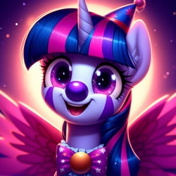 Size: 1024x1024 | Tagged: safe, ai content, derpibooru import, generator:bing image creator, generator:dall-e 3, machine learning generated, twilight sparkle, twilight sparkle (alicorn), alicorn, g4, bowtie, clown, clown makeup, female, hat, horn, mare, prompter:heydude5321, solo