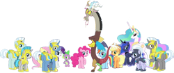 Size: 1382x578 | Tagged: safe, derpibooru import, edit, edited screencap, editor:pascalmulokozi2, screencap, applejack, discord, fluttershy, pinkie pie, princess celestia, princess luna, rainbow dash, rarity, silver sable, spike, windstorm, draconequus, dragon, earth pony, pegasus, pony, unicorn, g4, season 9, the ending of the end, armor, background removed, female, guard, guardsmare, horn, jade barricade, looking at you, looking back, looking back at you, male, mare, my little pony: friendship is magic, not a vector, royal guard, royal sisters, siblings, simple background, sisters, transparent background