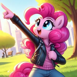 Size: 1024x1024 | Tagged: safe, ai content, derpibooru import, machine learning generated, pinkie pie, anthro, g4, building, city, clothes, cute, denim, diapinkes, female, feminism, hoodie, jacket, jeans, leather, leather jacket, pants, park, pointing, prompter:pinkiepiepics, sassapinkes, solo, tree